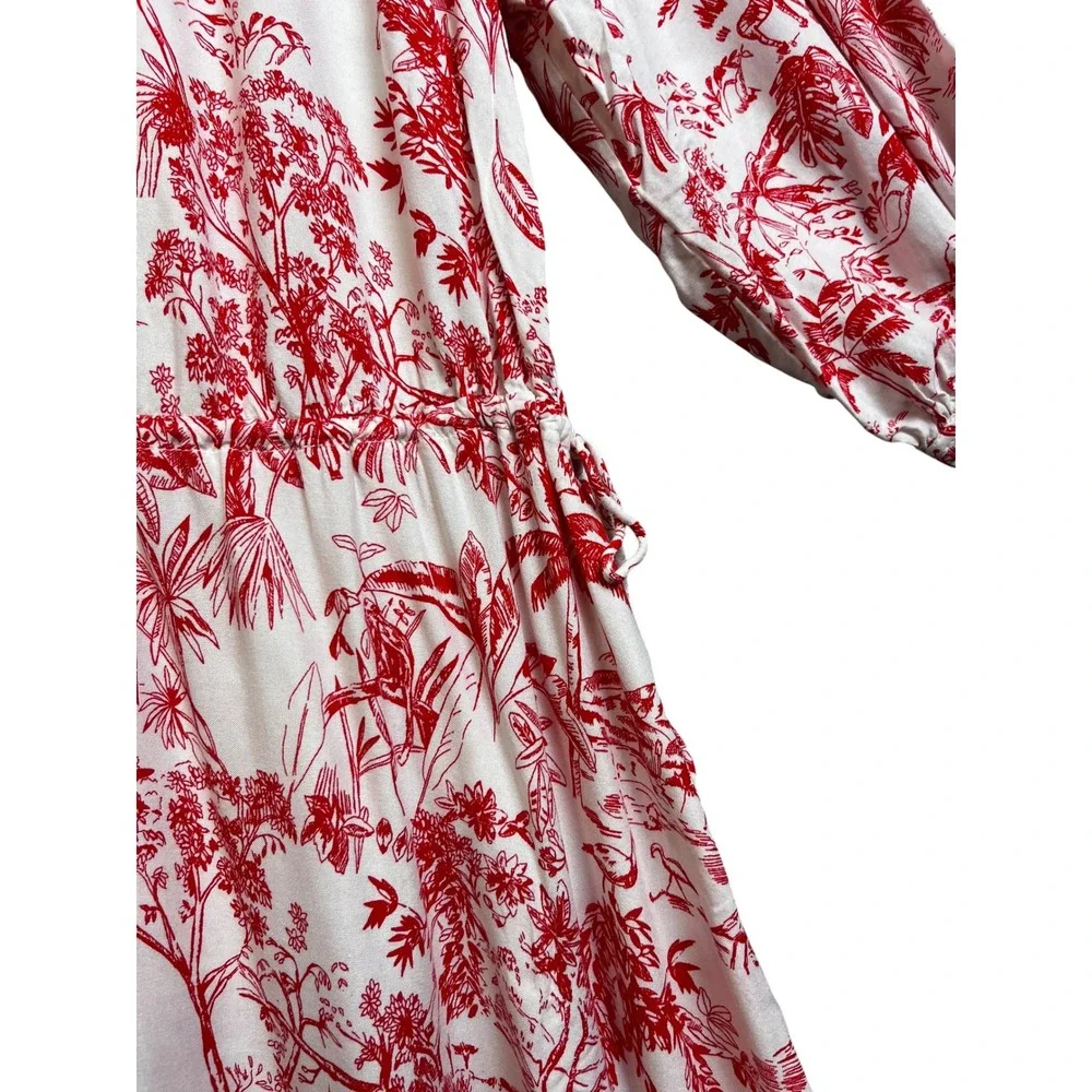 HM LOGG Red White Tropical Toile Tiered Midi Dress‎ V-Neck Drawstring Medium